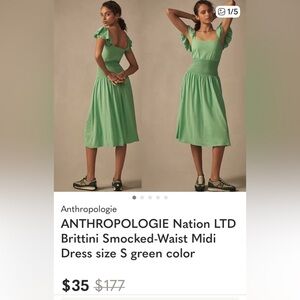 Anthropologie Mint Green Midi Dress with Ruffle Sleeves